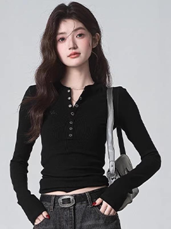 Autumn/Winter Pure Desire Style Spicy Girl Cropped Cotton Long Sleeve T-shirt for Women – Slimming, Flattering, Versatile Top
