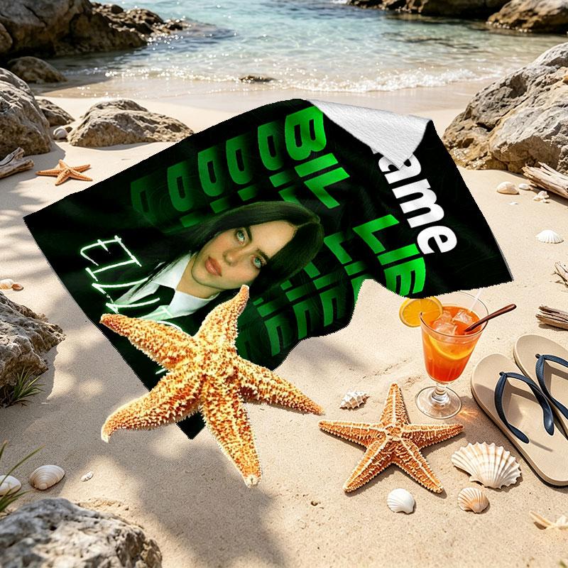Custom Name Personalized Billie Eilish Print Beach Towel, for Trip Camping Beach Party Home Decor, Birthday Gift for Family & Friends