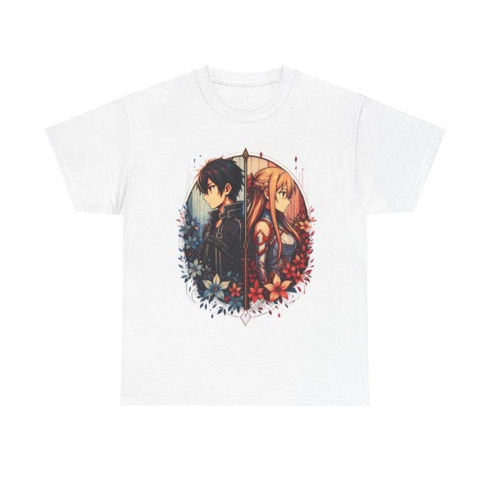 Oversized Black Short-Sleeve T-Shirt Featuring Sword Art Online Kirito & Asuna Split Portrait Floral Frame Graphic Print For SAO Fans & Anime Couples