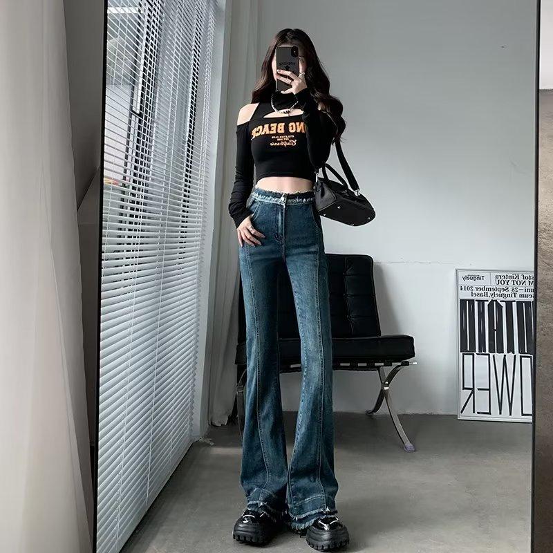 High-waisted micro-flared jeans women's spring and autumn new fashion tight retro rough edge slim horseshoe pants