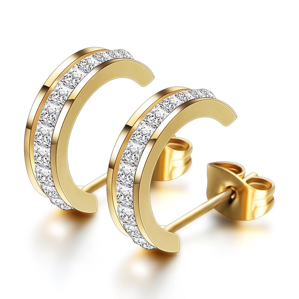 Fashionable European 14MM C-Shaped Zircon Stud Earrings, 2MM Stainless Steel, Versatile and Stylish for Women