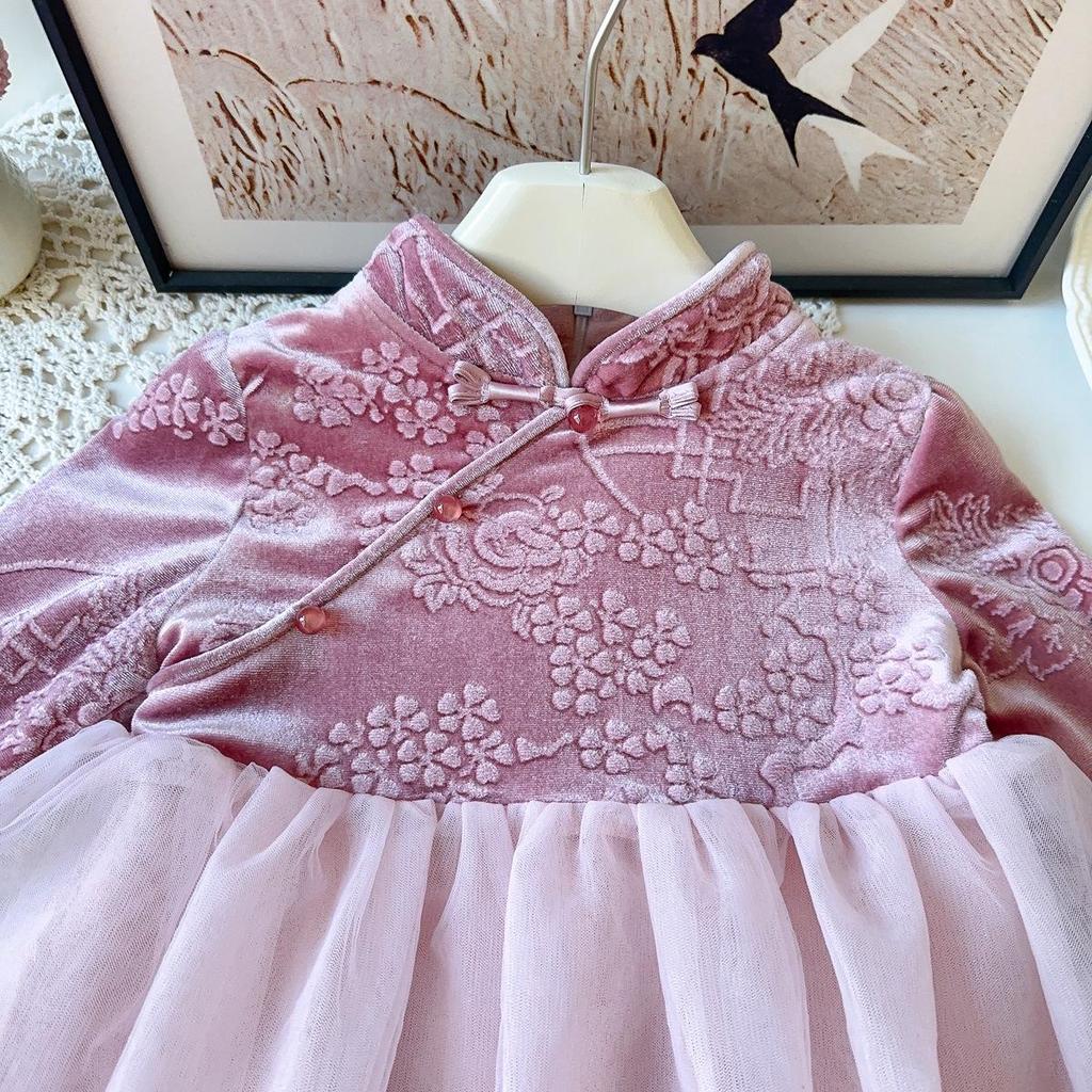 Girls' Winter Hanfu-Style Long Sleeve Mesh Dress