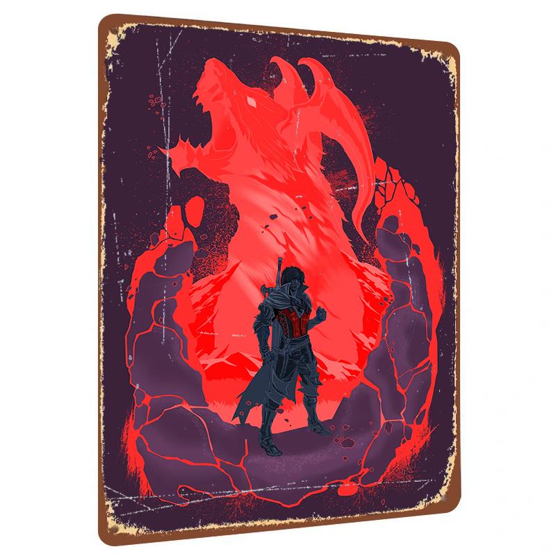 Dark Warrior and Fire Dragon Silhouette Metal Wall Art Gaming Theme Decor for Living Room Study 20x30cm（7.8x11.8inch）
