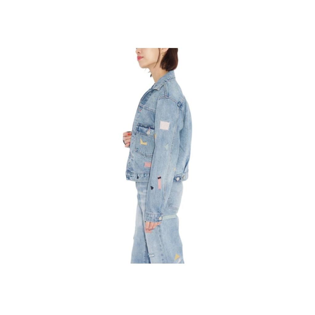 Levis Collared Pattern Printed Embroidered Button Loose Long Sleeve Cropped Denim Jacket Women Jackets Indigo A5884-0001