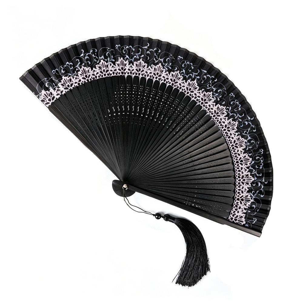 Lace Trim Color Changing Folding Fan Silk Cloth Bamboo Folding Fan Dance Performance чёрный