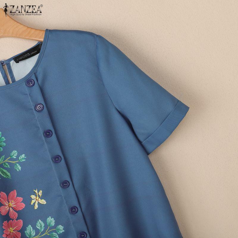 ZANZEA Women Casual Floral Print Round Neck Short Sleeve Blouse