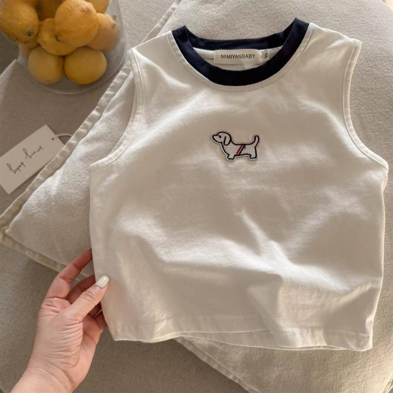Kids Summer Cotton Cartoon Tank Top Boys Girls Round Neck Sleeveless T Shirt Block Vest For Toddler