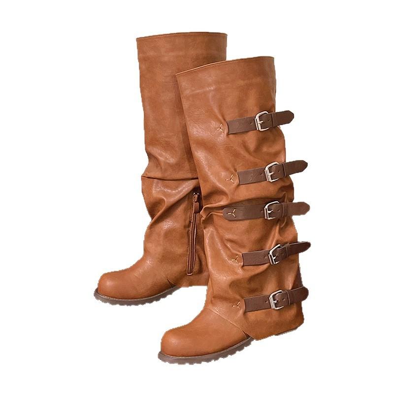 Women's Wide Width Hong Kong Style Boots, Buckle Detail Knee High Leather Boots, Chunky Heel Wholesale Booties for Women