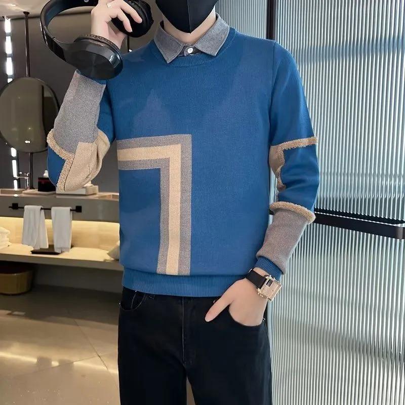 Men's Pullover Geometric Lapel Contrast Color Long-sleeved Slim Fake Two-piece Sweater Shirt Collar Knitted Bottoming Shirt Top