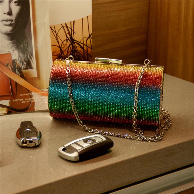 SCIONE Rainbow Rhinestone Dinner Bag Diagonal Bag Female Diamond Cylinder Shoulder Bag Banquet Bag