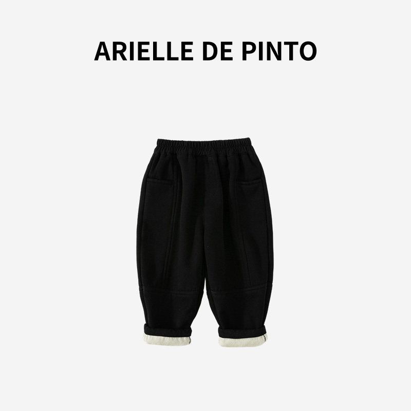 French Arielle De Pinto Boys  and Girls  Fleece-Lined Pants Winter Style Solid Color Fleece-Lined Straight-Leg Casual Long Pants Black(Fleece-Lined) 130