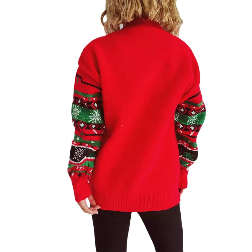 Autumn and winter new Christmas sweater for women wearing loose chic knitted reindeer jacquard top pullover sweater 3531 EMA
