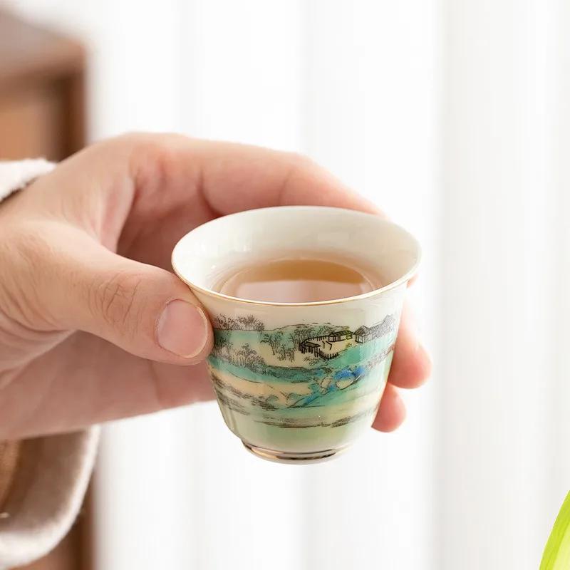 1 Pc Chinese Ceramic Teacup Meditation Cup Handmade Landscape Pattern Tea Bowl Porcelain Tea Cup Household Tea Set Accessories