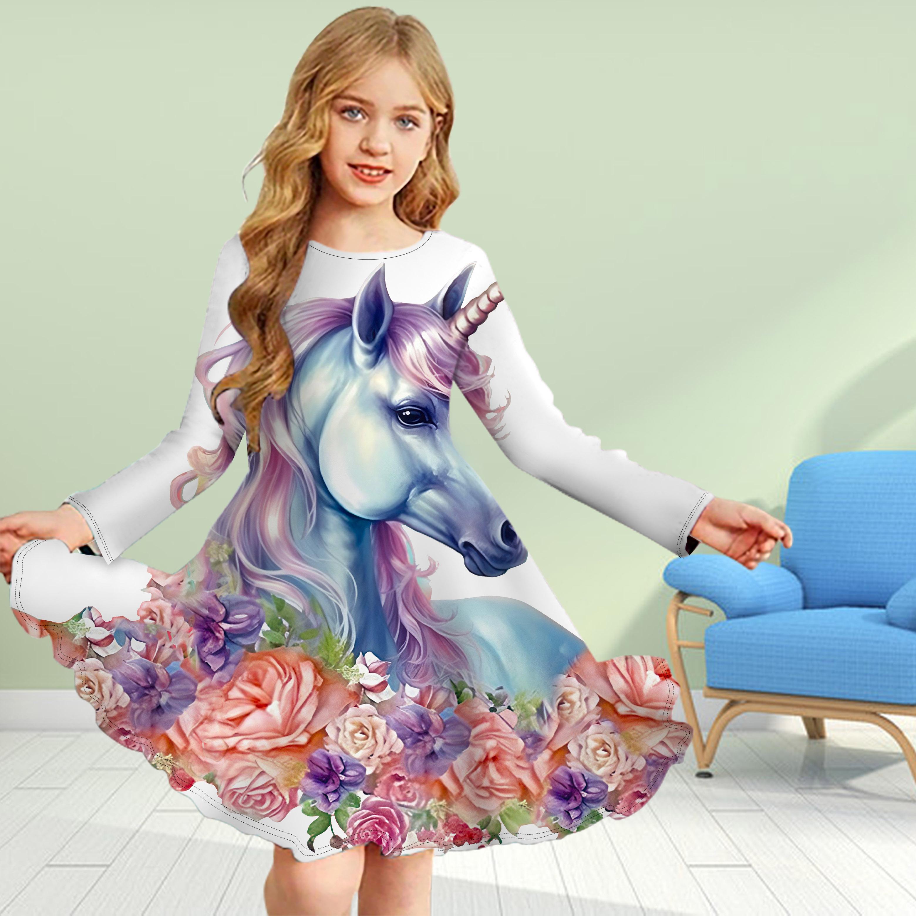 

Повсякденне плаття з 3D-принтом для дівчинки з круглим вирізом і довгими рукавами з трояндовим єдинорогом, дитяче плаття принцеси 120 білий