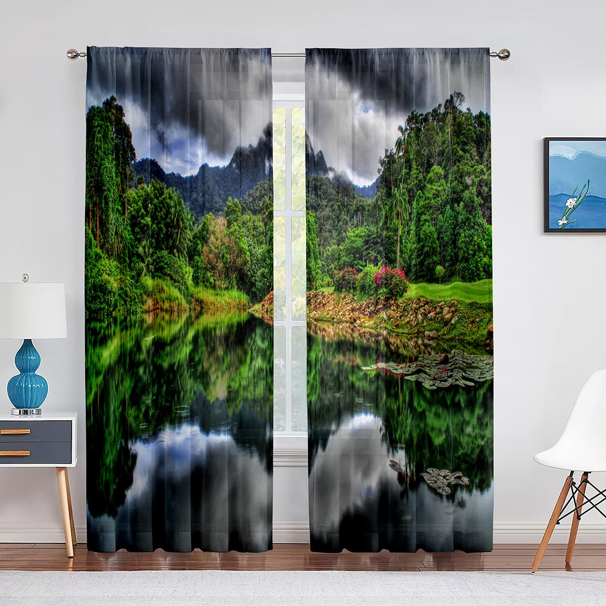 

Tropical Rainforest River Sunrise Curtain Living Room Transparent Tulle Curtains Window Bedroom Accessories Decor Light Filtering Made Of Polyester W100*H130(CM)-Rod Pocket&2PCS