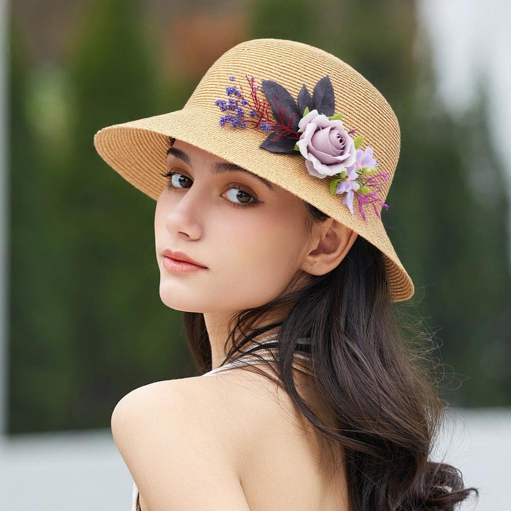 Summer bucket hat women's woven flower hat top hat sun hat vacation sun hat