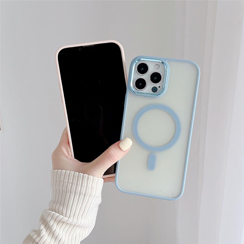 Custodia Trasparente Colorata Opaca Anti-impronte in TPU + Acrilico per iPhone 15 14 13 12 11 Pro Max Plus Anello Metallico Foro Grande Lente Posteriore Magnetico