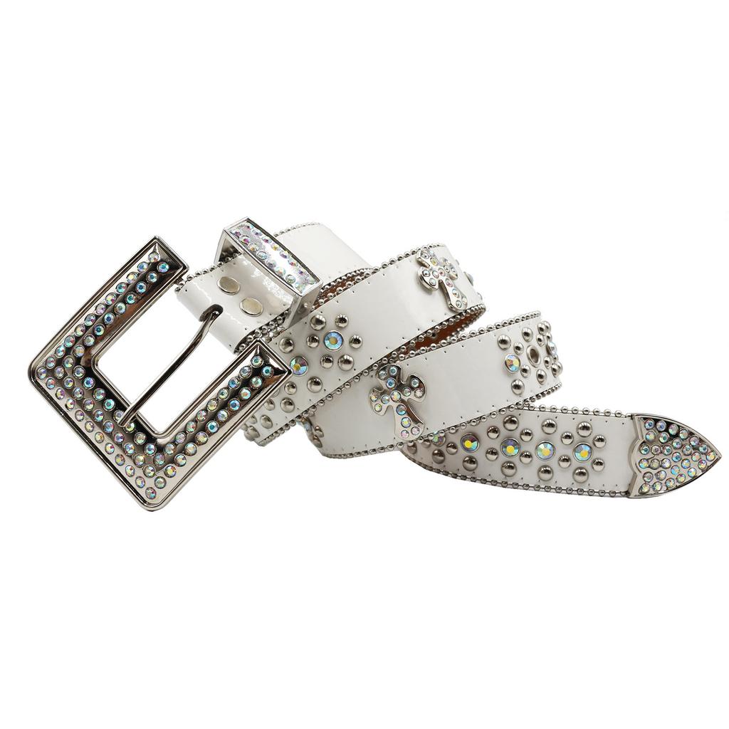 Cross Rhinestone Belt European and American Feng Shui Rhinestone Leather Belt Women's Handmade Diamond Inlay Decorative Flash Diamond