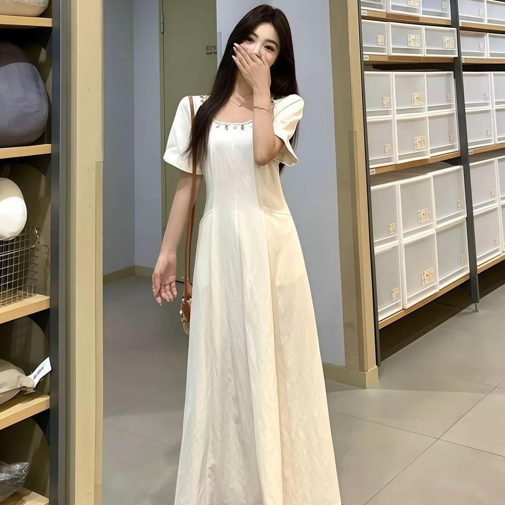 French Style 2026 Short Sleeve Cinched Waist Summer Maxi Dress - Slimming, Plus Size, Belly Covering