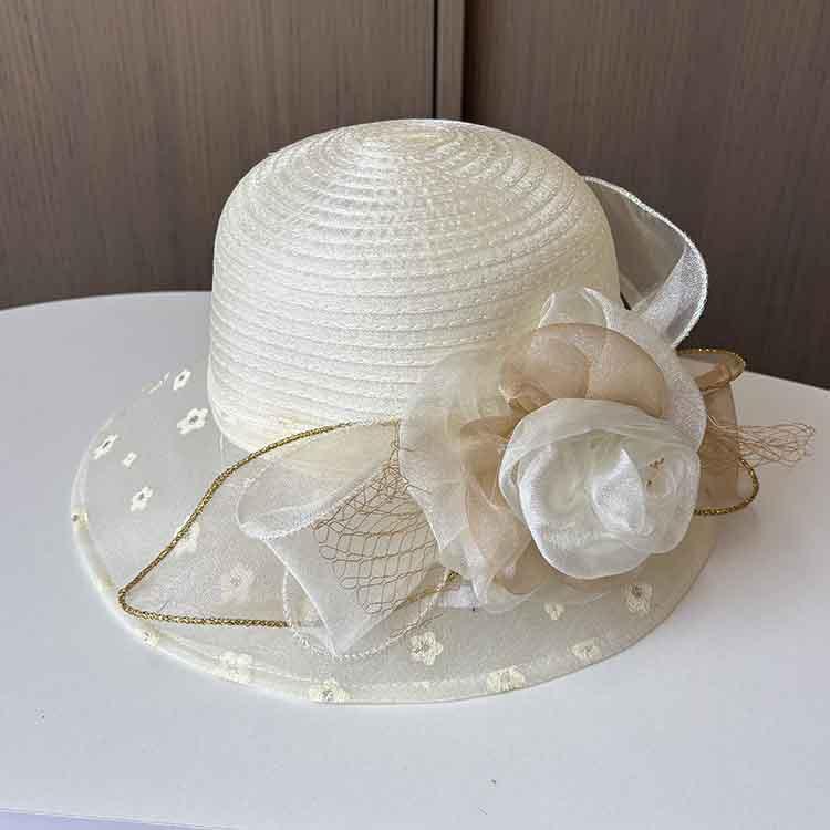 European and American retro organza small edge basin hat fashionable two-color flower mesh sun hat summer beach sun protection hat