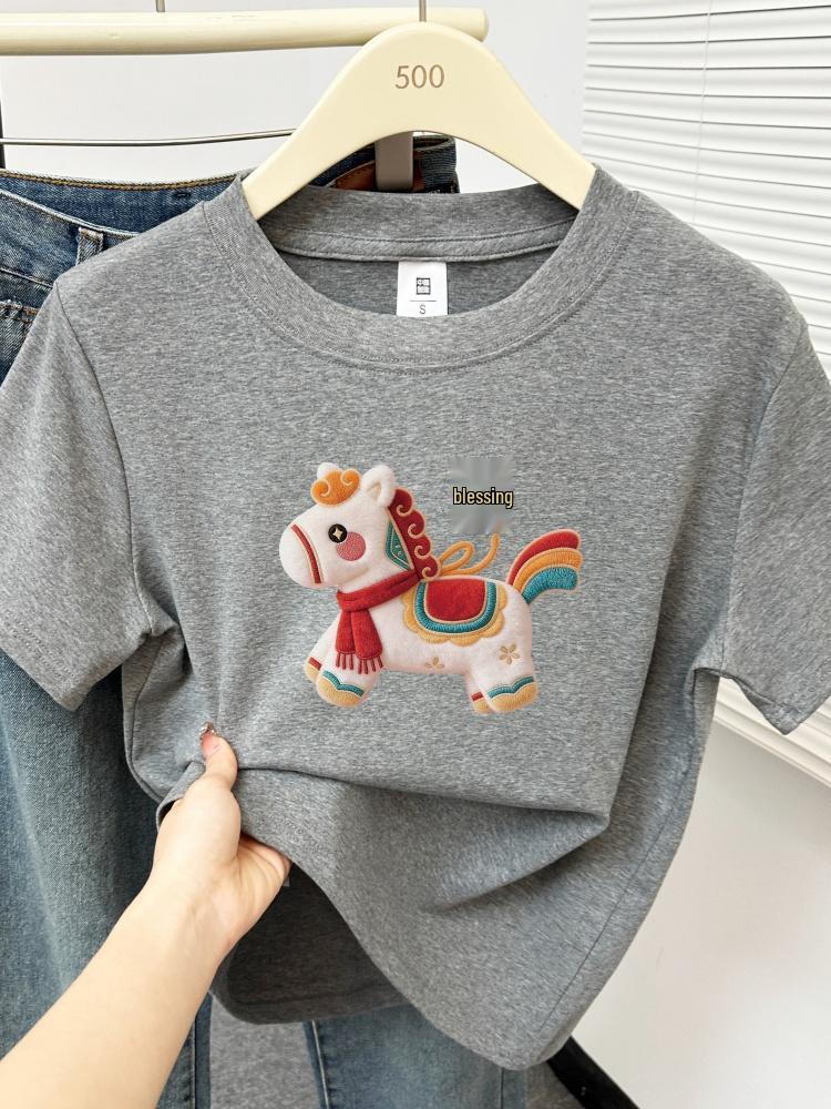 2026 Women's Plus Size T-shirt: Little Horse Print, Round Neck, Short Sleeve, Stylish, Tummy-Covering Design