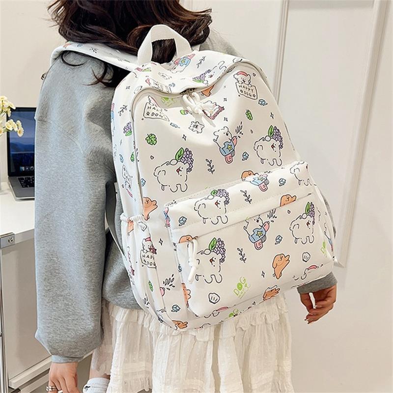 Cute Line Puppy Dog Print Backpack Large Capacity Schoolbag  Delicate Personality Trendy Student Bags Casual Travel Bags