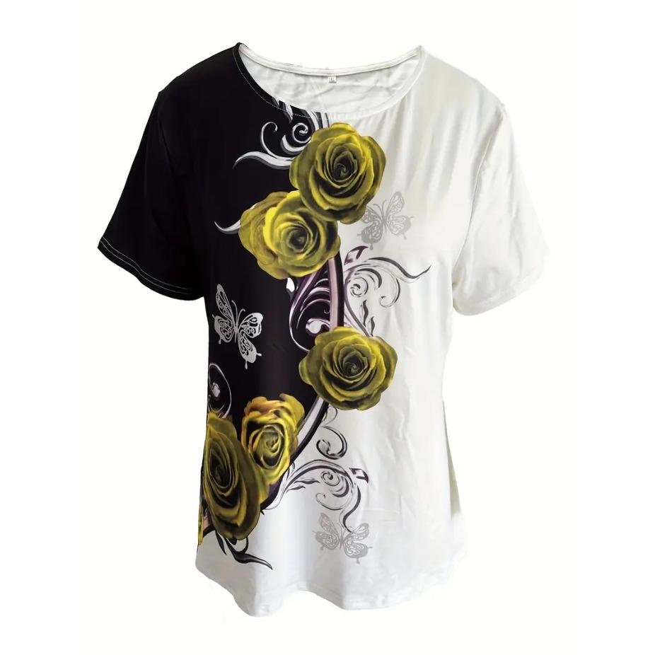 Retro Rose Print Round Neck Short Sleeved T-shirt for Women Breathable Polyester Stretch Comfortable for Everyday