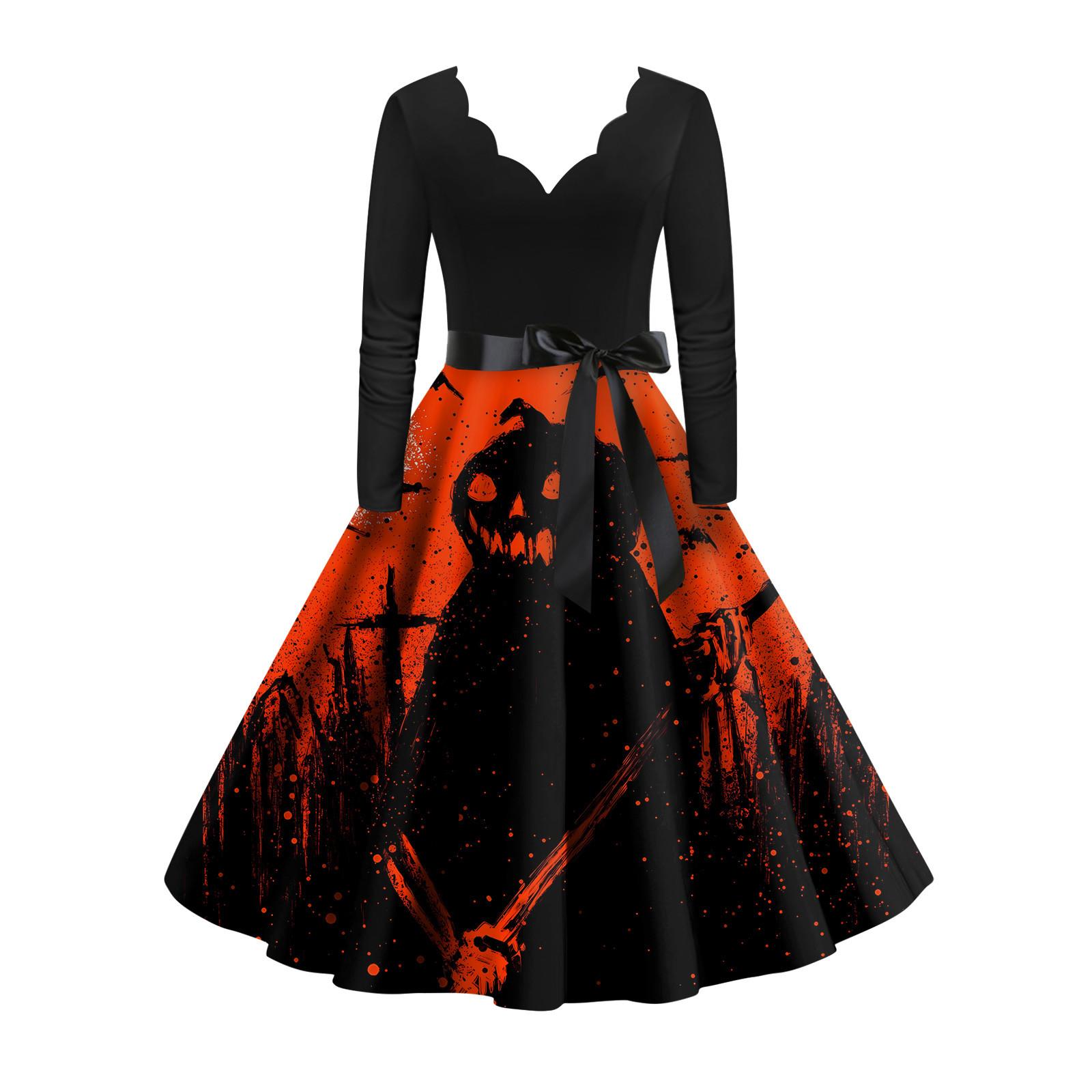 

Женское винтажное классическое платье с вырезом на талии и галстуком-бабочкой с длинными рукавами на Хэллоуин с принтом и V-образным вырезом, свободное платье L красный