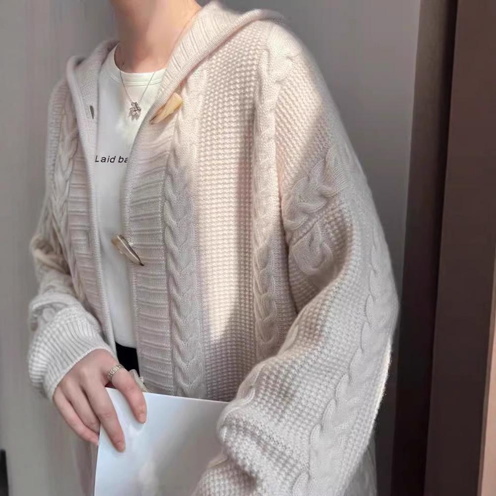 Women's Wool Hooded Cardigan: Mid-Length, Loose, Thickened, Stylish Knit Sweater, Fashionable Korean-Style Outerwear.