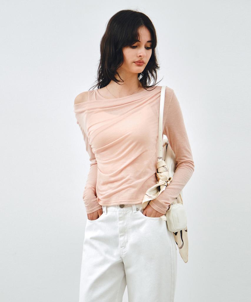 MONGDOL [Set] One-Shoulder Draping Layered T-Shirt Peach Pink Mdts088Peachpink