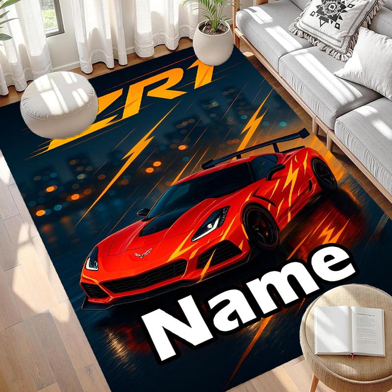 Custom Name Personalized Chevrolet Corvette Print Carpet, Versatile Home Decor Rug, for Playroom, Apartment, Balcony, Entryway, Hallway Gift