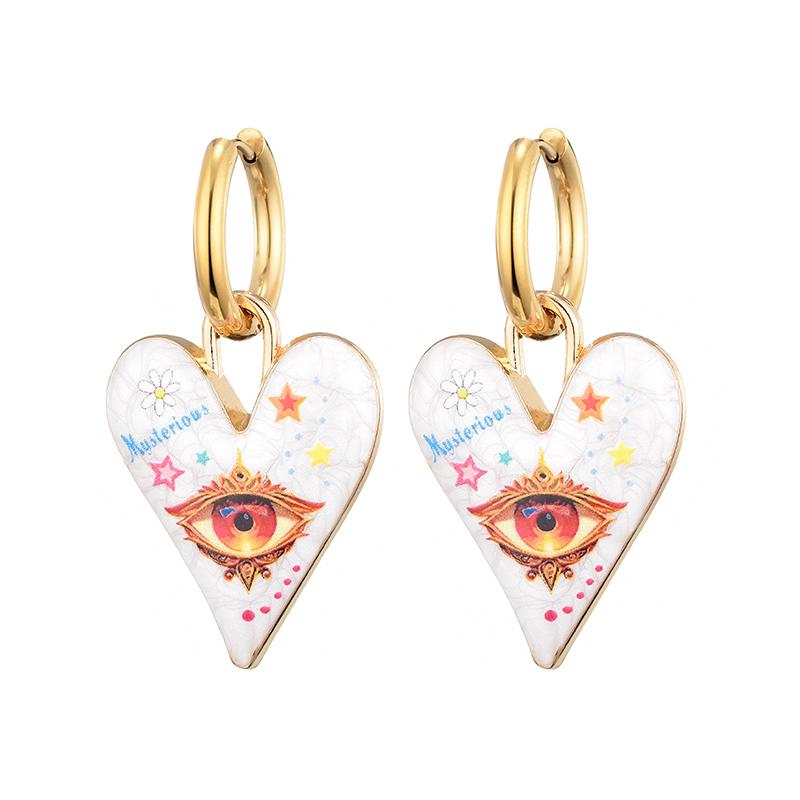 New Trendy Cute Heart Eye Stainless Steel Hoop Earrings For Women Colorful Vintage Enamel Gold Color Pendant Love Female Jewelry