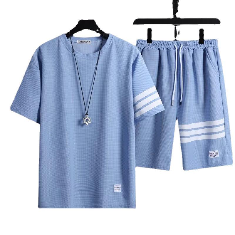 Men's Trendy Striped Waffle Short-Sleeve Shorts Suit – New Summer Fashion