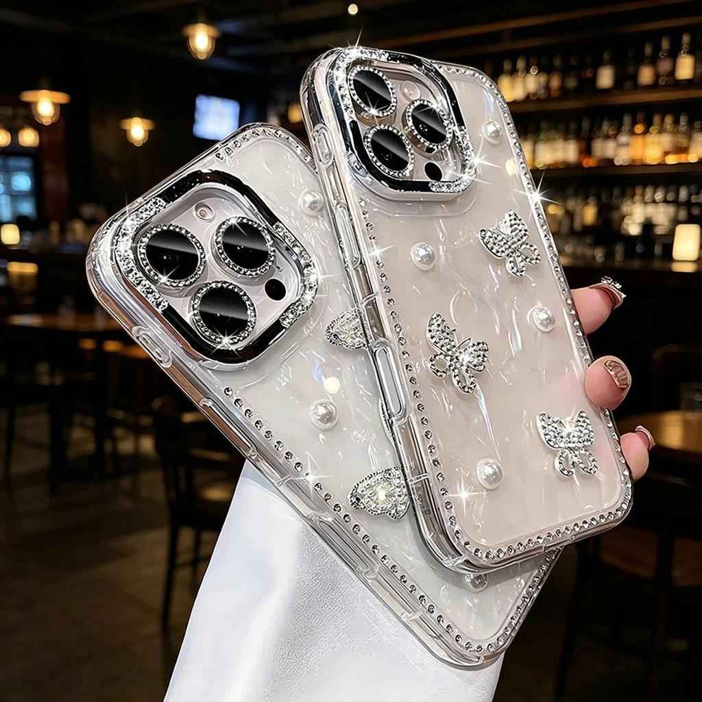 iPhone 17 Pro Diamond Shell Case with 3D Pearl Butterfly for Apple 15 Pro Max Super Fairy