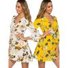 Europe and America Cross Border Spring and Summer Big Flower V Neck One Piece Shoelace Slim Fit Ruffled Horn 3/4 Sleeve Dress Dress