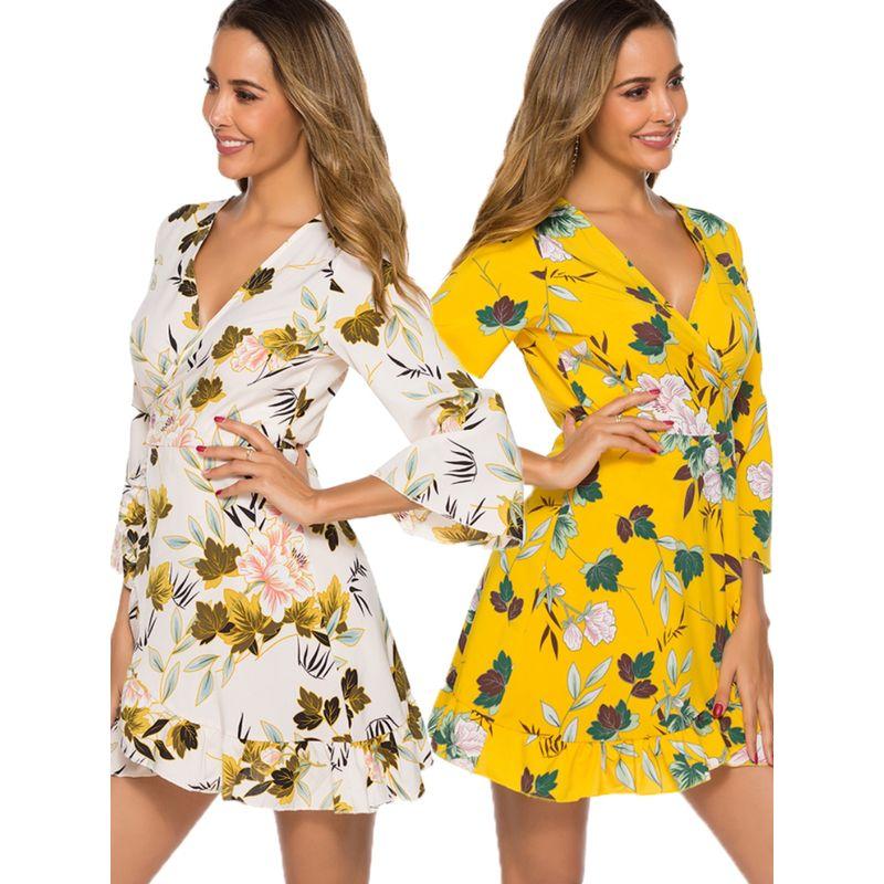 Europe and America Cross Border Spring and Summer Big Flower V Neck One Piece Shoelace Slim Fit Ruffled Horn 3/4 Sleeve Dress Dress