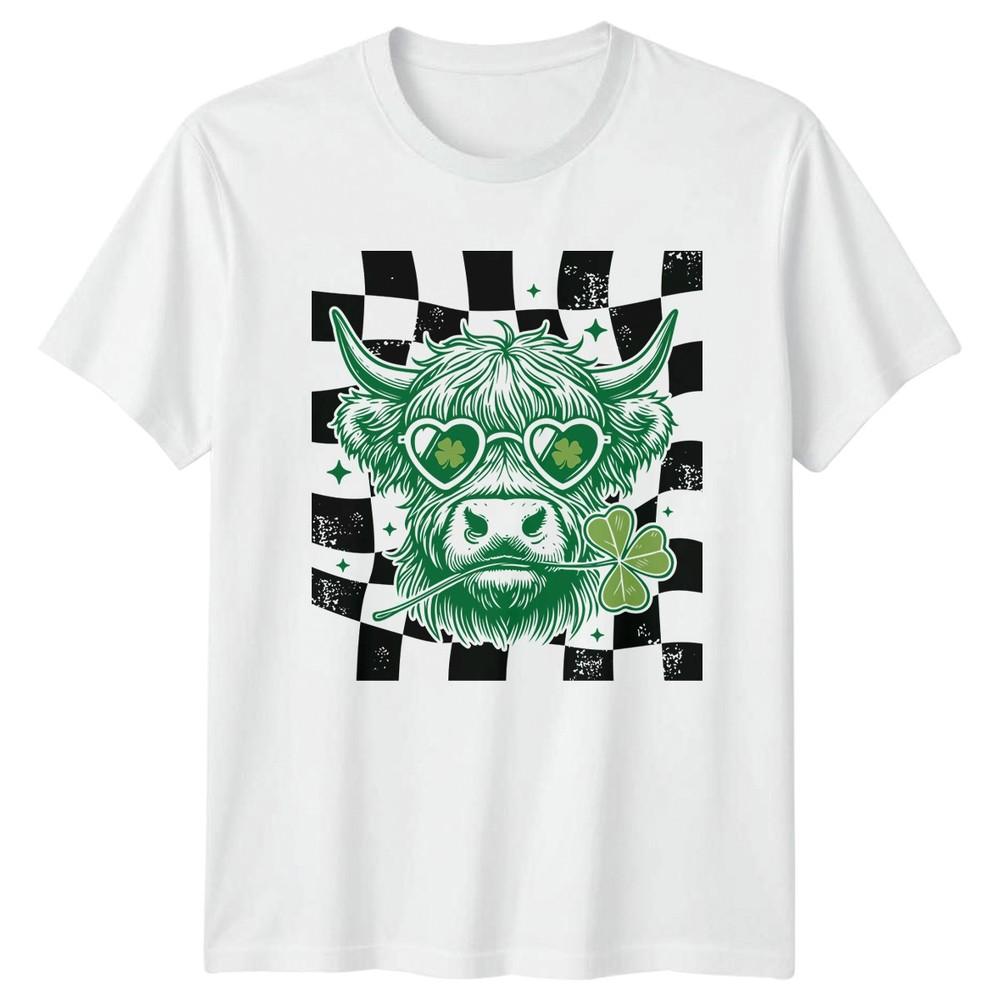 Groovy St Patricks Day Highland Cow With TShirt Irish Clover St Patricks Day S