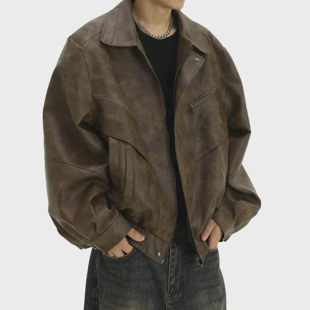 Men's Trendy Retro Brown Distressed Leather Jacket - Cool Design, Casual Lapel, Perfect for Couples
