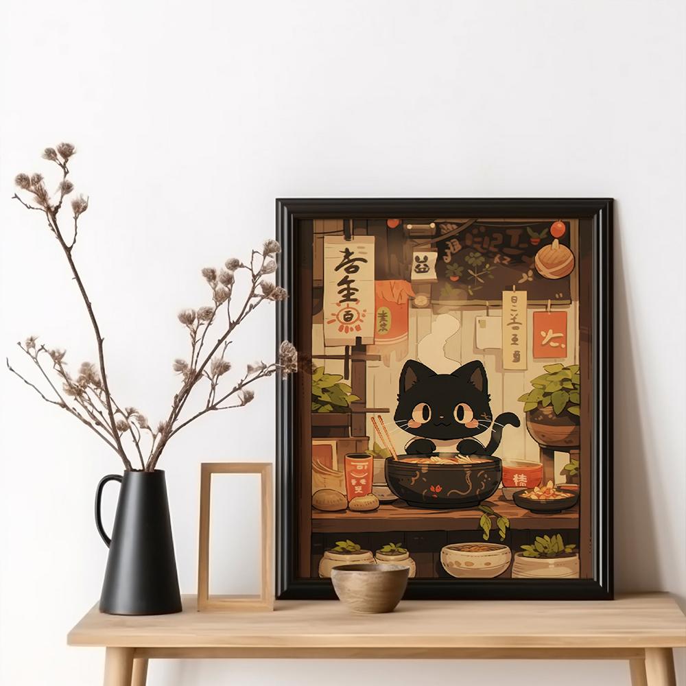 Japanese Noodle Black Cat Posters Funny Ramen Noodles Kitchen Wall Art PrintsCanvas Painting Pictures for Restaurant Home Decor