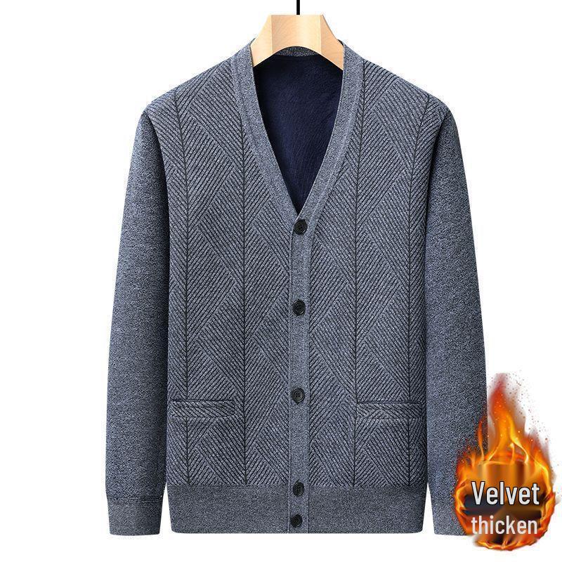 Men's V-Neck Thick Fleece Cardigan: Warm Knitwear for Dad and Grandpa