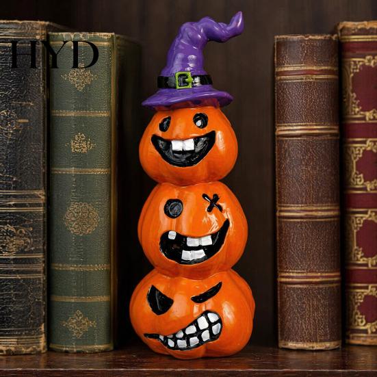 Hand Painted Resin Crafts Halloween Pumpkin Statue, Spooky Face Figurine for Cute Witch Hat Indoor Tabletop, Tiered Tray, Party, Home Decor