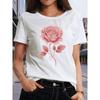 Europäische Größen Rosa Blume Aufdruck T-Shirt, Rundhals Kurzarm T-Shirt, Lässiges Lockeres Kurzarm Oberteil, DamenS tragen