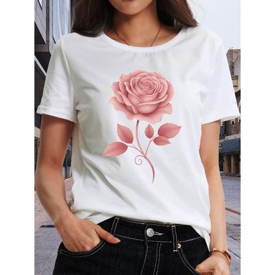 European Sizes Pink Flower Printed T-Shirt, Round-Neck Short-Sleeved T-Shirt, Casual Loose Short-Sleeved Top, WomenS Wearing