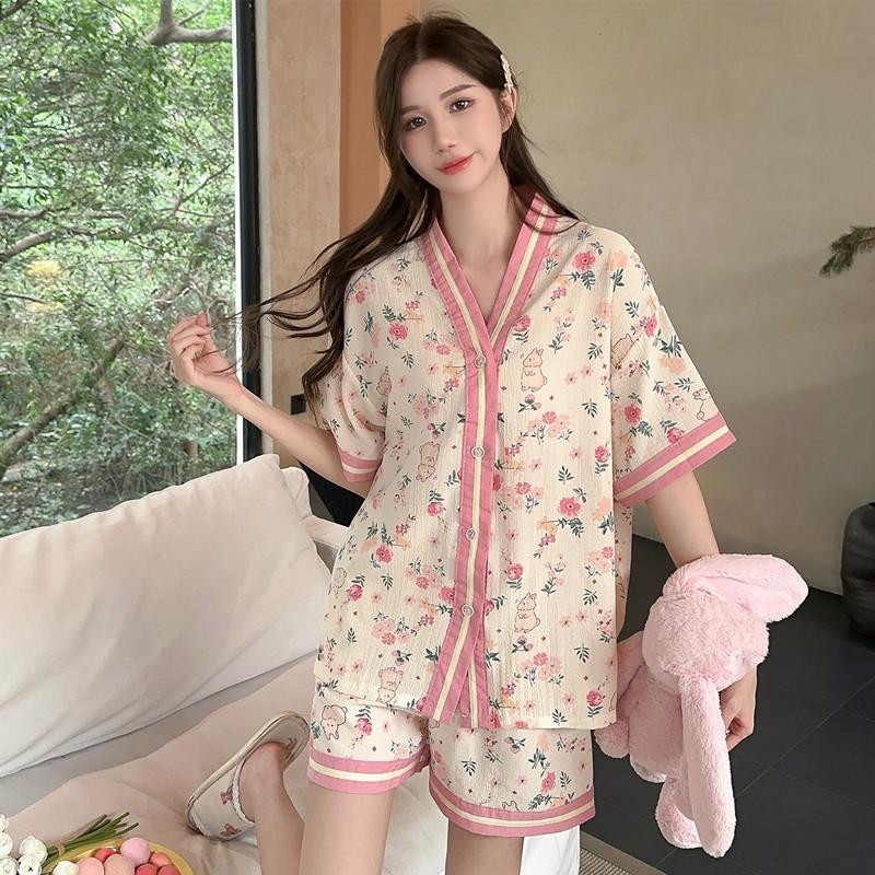 Floral pajamas women's summer short sleeves Internet celebrities sweet gauze cute cartoon summer cardigan thin large size loungewear