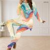 Women Plus Size Pants Set Round Neck Long Sleeve Black Teal Gold Printed Longline Top Fitted Pants