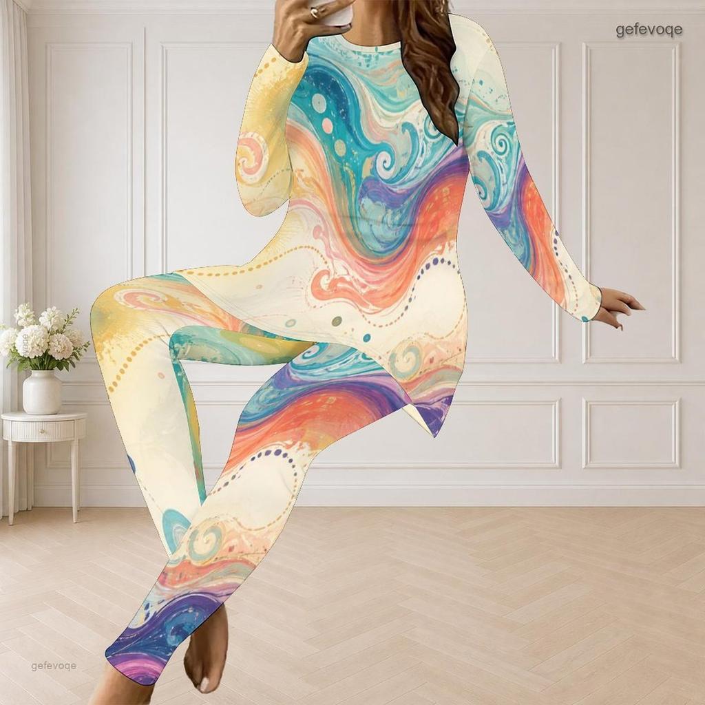 Women Plus Size Pants Set Round Neck Long Sleeve Black Teal Gold Printed Longline Top Fitted Pants