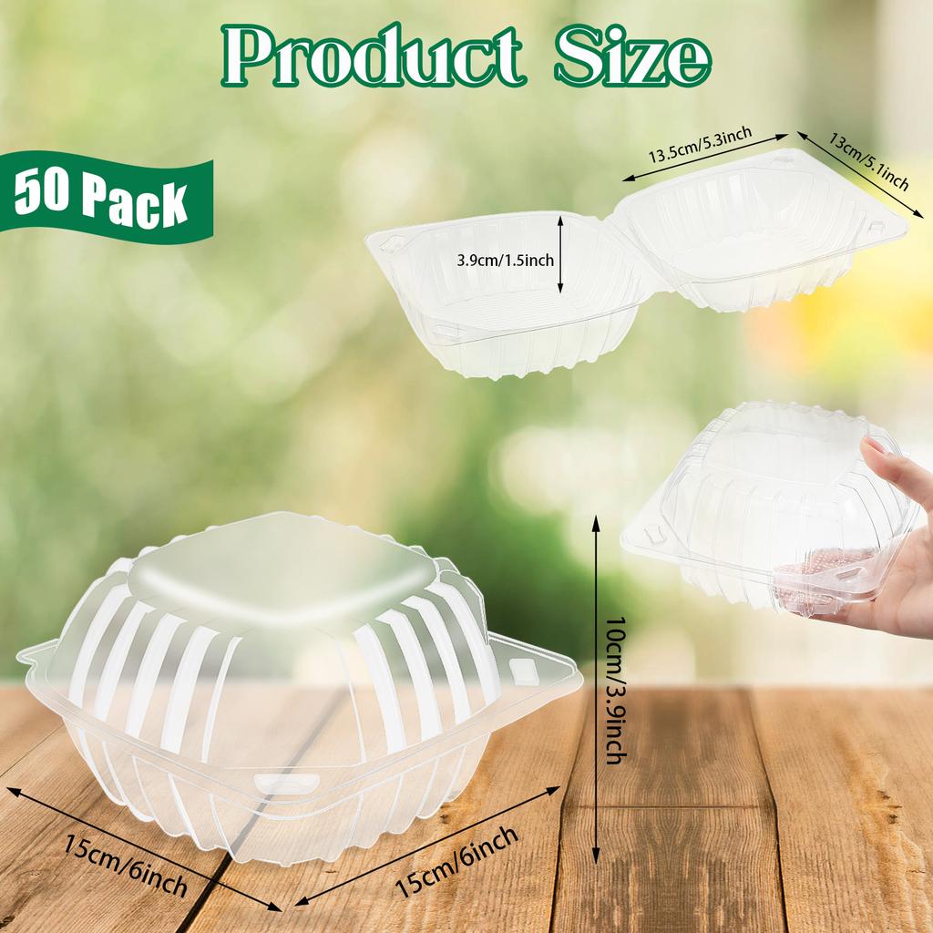 50 Pcs 6X6 Inch Clamshell Take Out Tray Take Out Containers Plastic Hinged Food Containers Disposable Takeout Box Transparent Ca