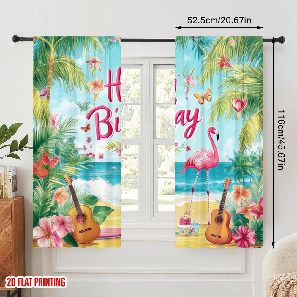 2pcs,2D plane printing Curtains Digital Printed Tropical Birthday Bash Versatile 100% Polyester (without rod) Decorations For