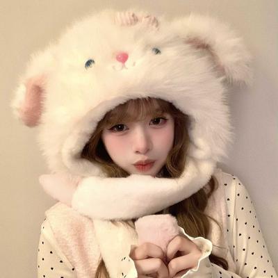 2025 Winter New Cute and Sweet Rabbit Ear Pinching Hat Movable Ears Fleece Thicker Lei Feng Hat Fleece Thicker