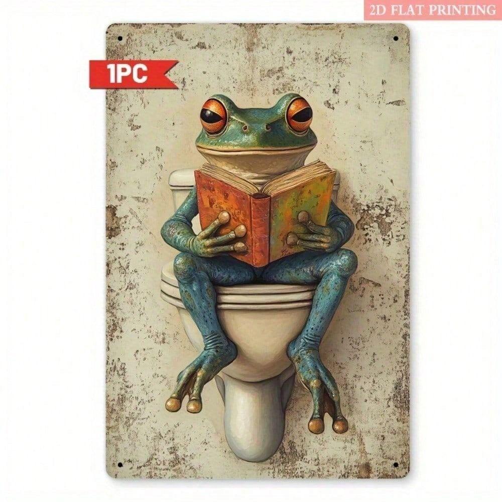 Vintage Frog with Book Metal Poster for Library Wall